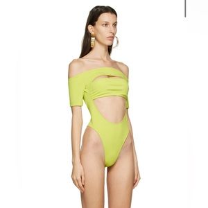 MUGLER Green Off Shoulder Segmented Bodysuit